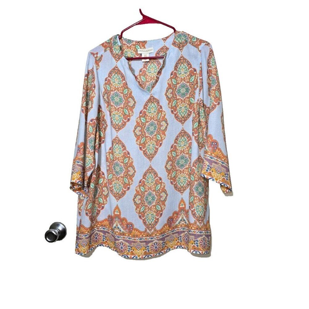Cynthia Rowley Tunic Blouse 1X Paisley Boho V-neck Stretch Comfort Pullover Blue